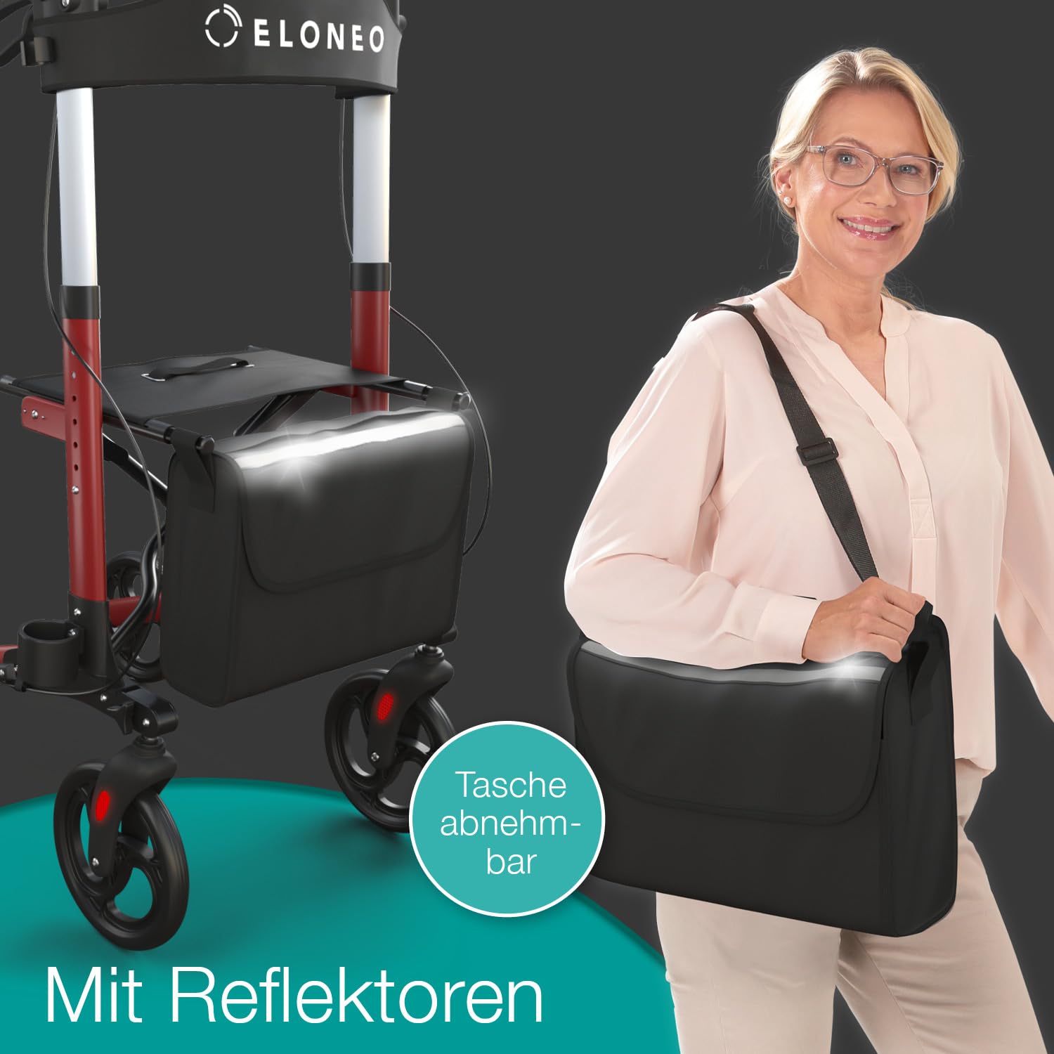 ELONEO Rollator faltbar und leicht mit Sitz, Leichtgewicht-Reiserollator aus Aluminium, Gehhilfe 8-fach höhenverstellbar, Laufhilfe 3-fach faltbar für Kofferraum, Tasche & Schirmhalter Rot 5