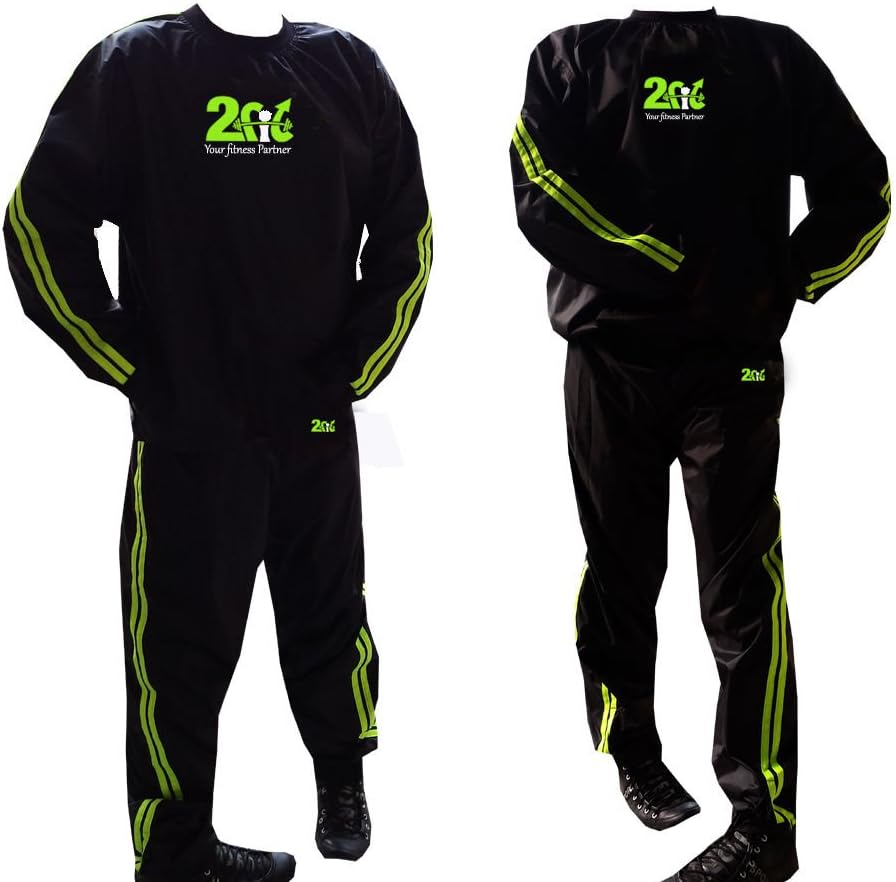Heavy Duty 2Fit Green Sweat Sauna Suit Exercise Gym Fitness Jogging Track Suit Running Sweat Suit Weight Loss Sauna Bath Slimming Suit Anti-Rip M- 6XL