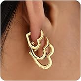 Sloong 3pairs Hoop Earrings Set 14K Gold Plated Lightweight Hypoallergenic Chunky Square Star Heart Twist Hoop Earrings Gold Rectangle Earring for Women Gift