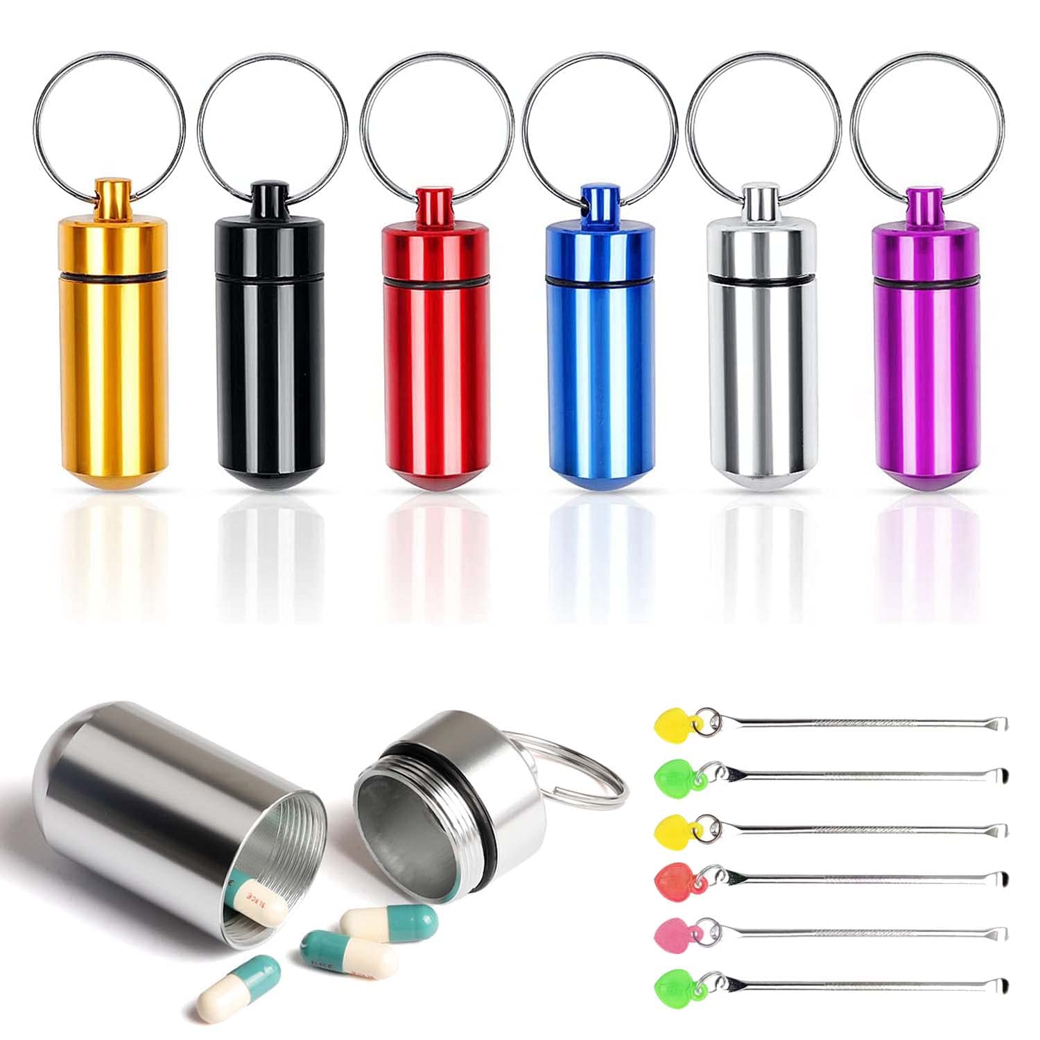 6 Pcs Aluminum Portable Pill Organiser Mini Container Waterproof Pill Holder Pocket Case Travel Medication Organizer for Outdoor Travel Camping (6 Colors)