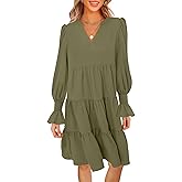 MEROKEETY Women's 2025 Long Sleeve Midi Dress V Neck Flowy Swing Ruffle Tiered Fall Casual Dresses