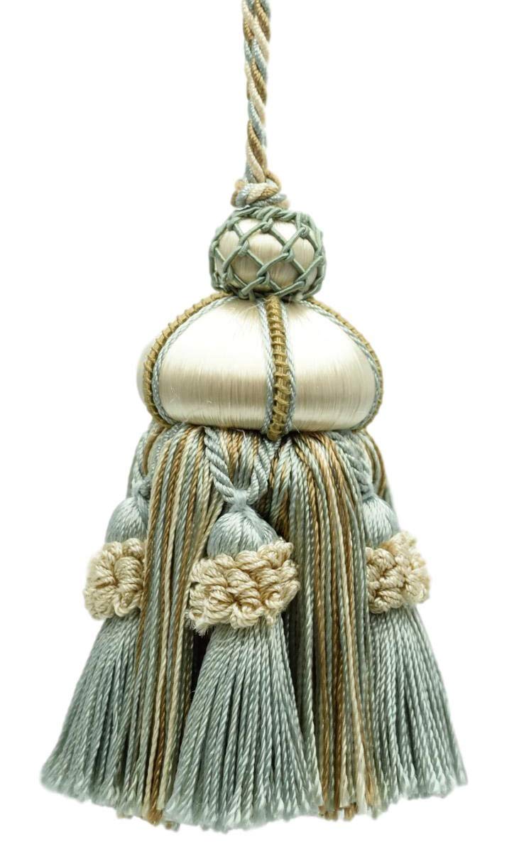 DÉCOPRO Elegant Hand-crafted 10cm (4") Key Tassel, 8.5cm (3 1/2") Loop, accented with Crown Tassels (Style# KTAX4) Cream Ivory Blue #LX03 (Light Blue, Light Beige, White Ivory) Individually Sold