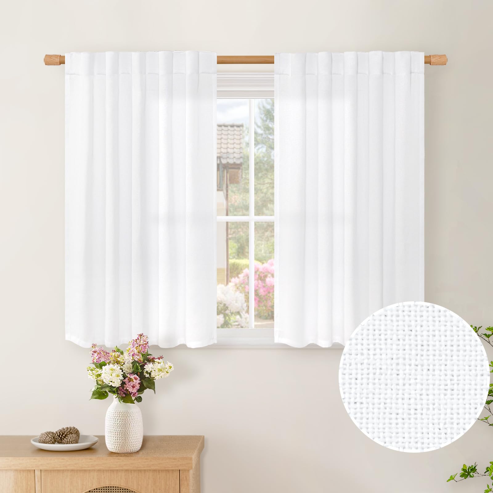 Photo 1 of BGment Short Flax Linen Curtains 36 Inch Length 2 Panels for Kitchen Over Sink, Rod Pocket White Light Filtering Drapes for Small Window Bathroom Cafe Rustic Country Decor Back Tab, 42 X 36 Inch