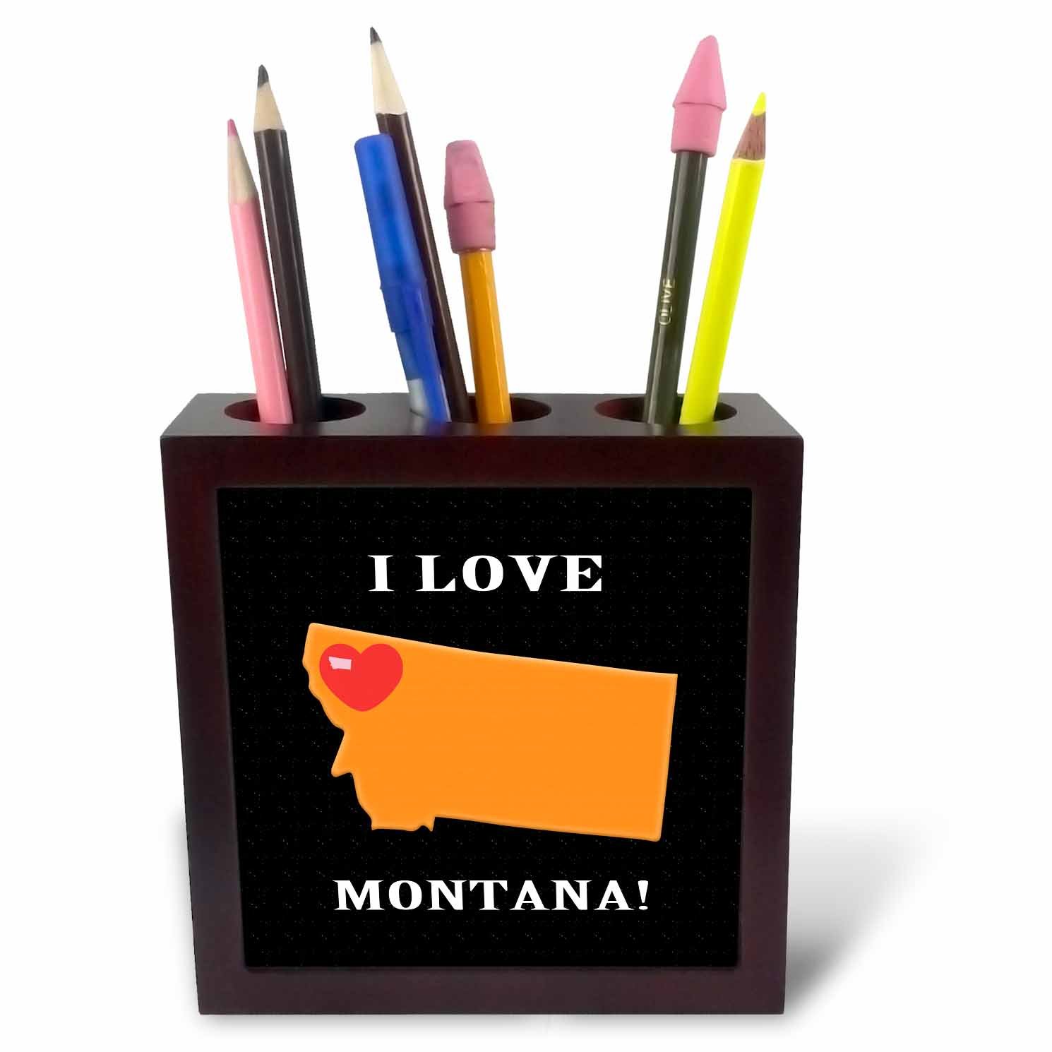 3dRose Love Montana with a Heart on The State, Black, Red, Orange-Tile Pen Holder, 5-Inch (Ph_218349_1), wood, 5 Inches