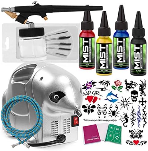 Temporary Tattoo Airbrush Kit - 4 Ink Color Set With Compressor and Stencils