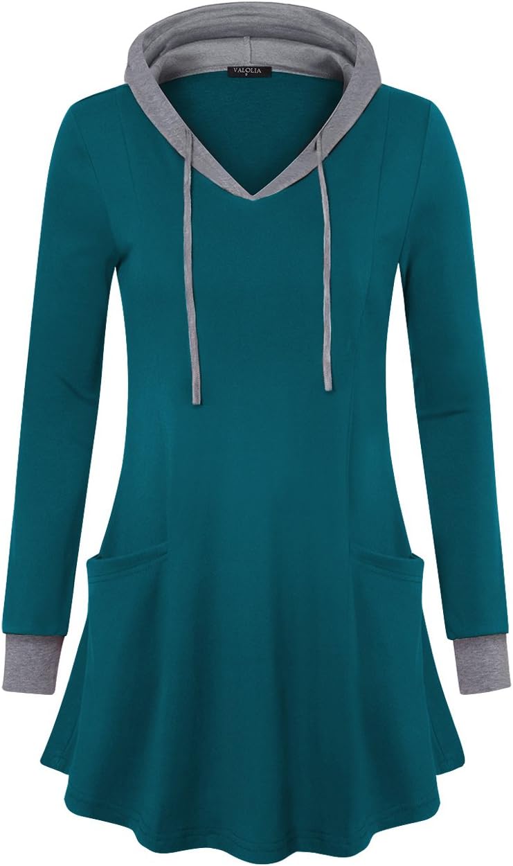 VALOLIA Women's Casual Thin Tunic Hooded Sweatshirt Long Sleeve T Shirt Color Block Pullover Top with Pockets