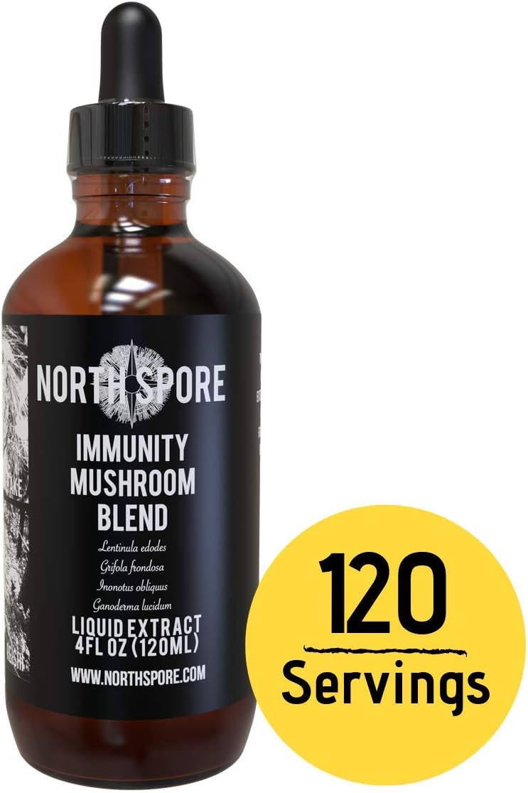 North Spore | Mushroom Supplement | Immunity Blend Mushroom Extract | Chaga - Reishi - Shiitake and Hen of The Woods | Made in Maine | 4 fl oz. (120 Servings) | Extracted from Fruiting Bodies