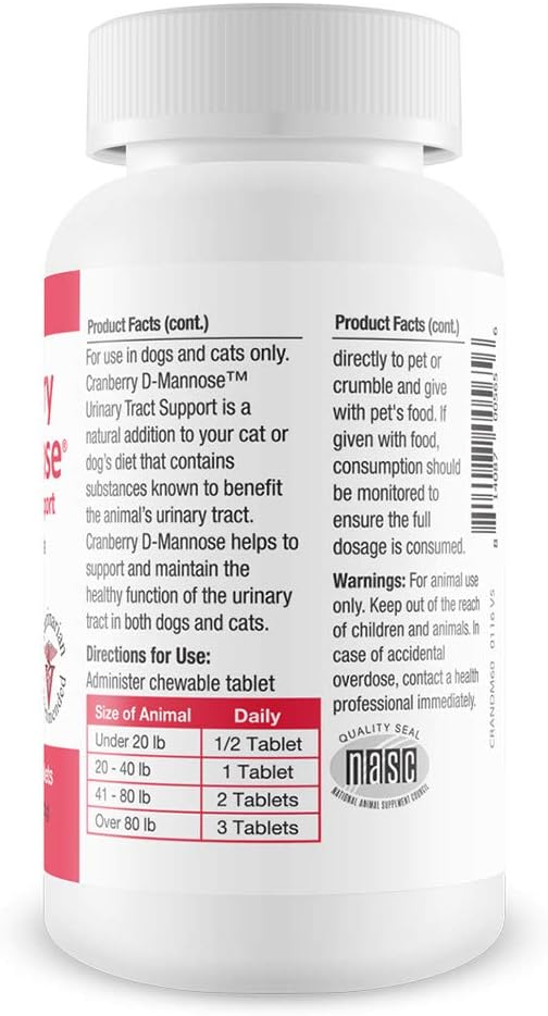 Cranberry D-Mannose Urinary Tract Support - Bladder Health Supplement for Dogs and Cats - 60 Tablets : Pet Supplements : Pet Supplies