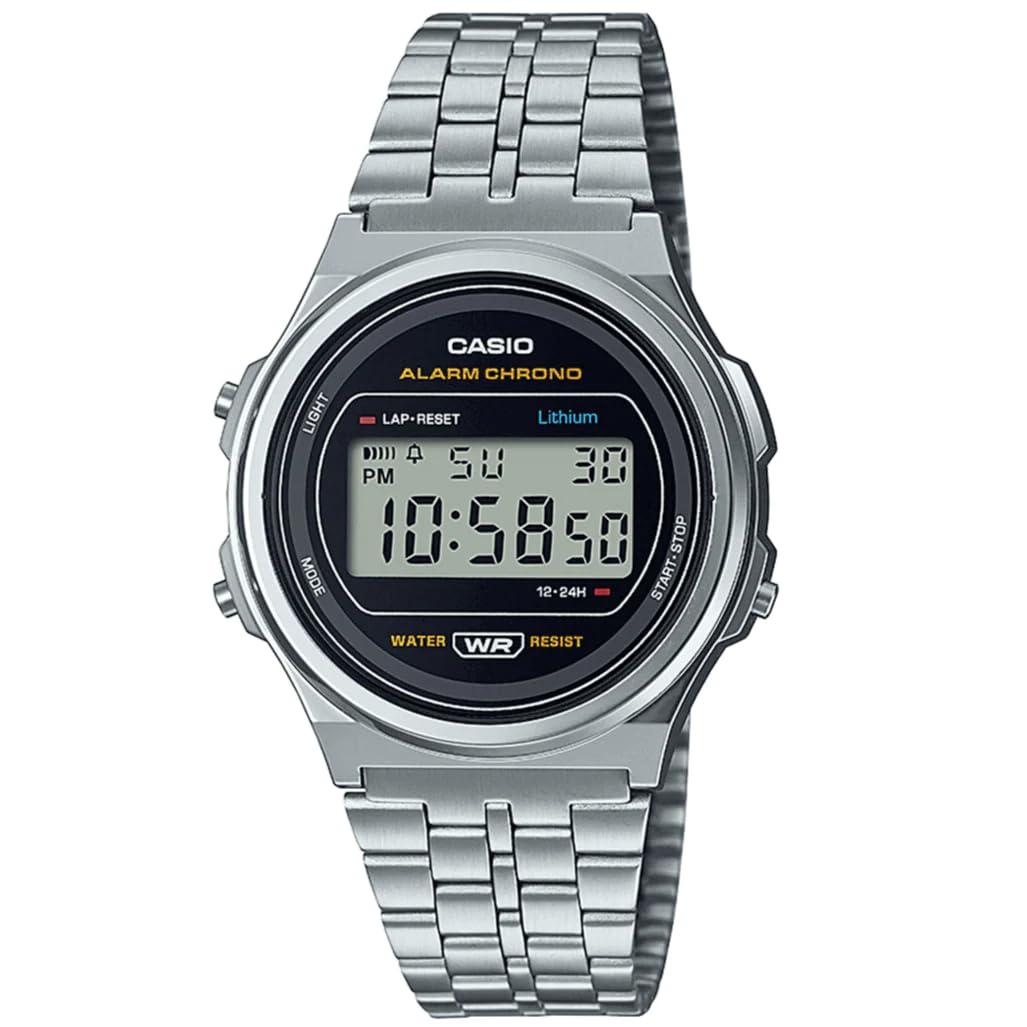Casio Unisex 39.00mm Quartz Watch with Black Digital dial and Silver Metal Bracelet Strap A171WE-1AEF