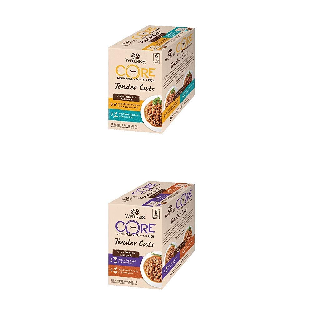 Wellness Core Cat Tender Cuts Wet Grain-Free Food, Chicken Selection and Turkey Selection Multipacks (12 x 85 g pouches)