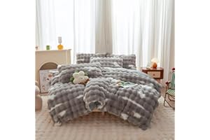 chovy Kids Girls Rabbit Plush Gray White Bread Grid Comforter Cover Duvet Cover Full - 3PC Faux Fur Bed Set Soft Warm Velvet Flannel Fluffy Fuzzy Bedding（Comforter x 1 Pillowcases x 2）