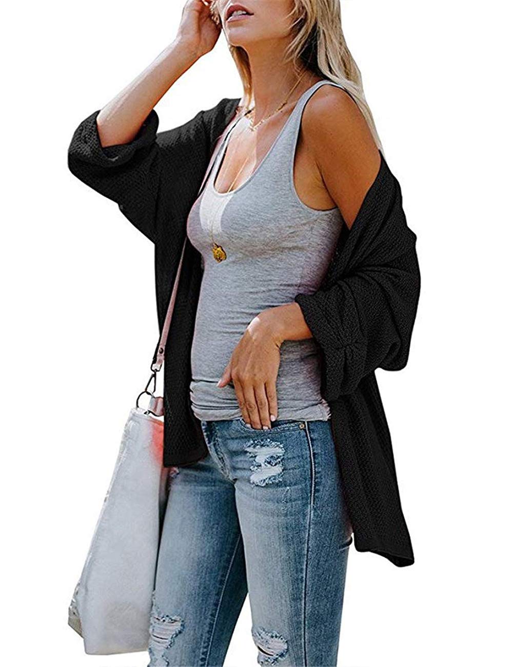 Poplover Womens Ladies Batwing Sleeve Cardigans Loose Open Front Knit Tops Sweater Black X-Large