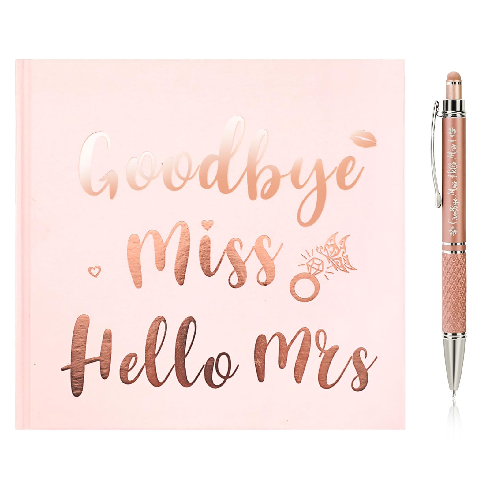 HOWAF Goodbye Miss Hello Mrs Notebook Pink & Rose Gold Hen Party Guest Book Team Bride Advice Book Hen Party Keepsake Gift For The Bride To Be, Includes Rose Gold Diamond Pen
