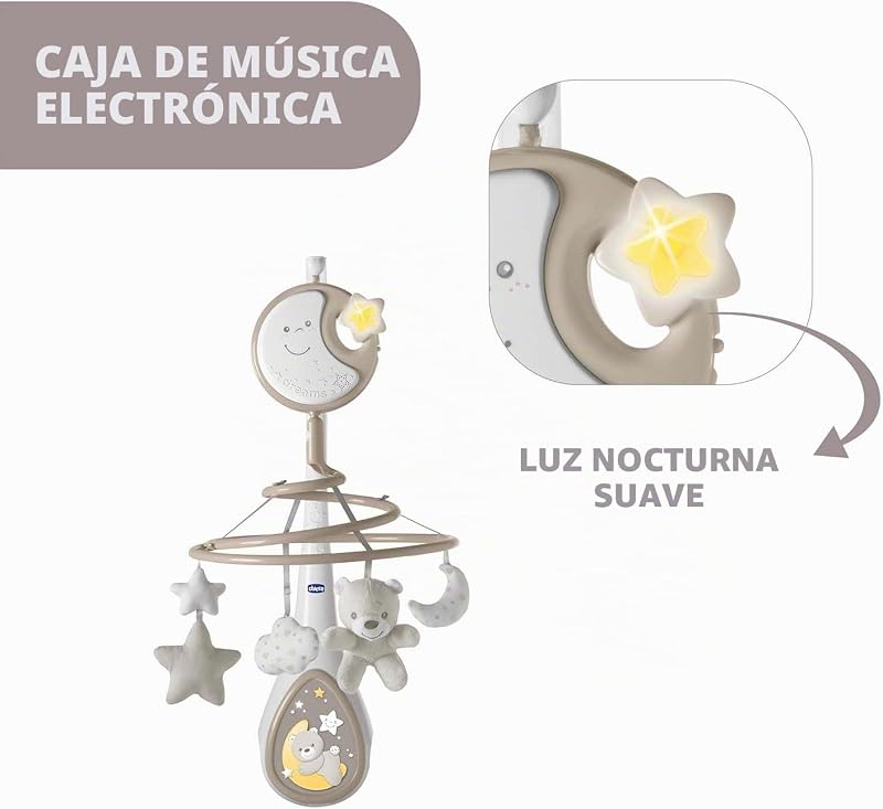 Chicco next2dreams carousel baby mobile - 3 em 1 compatível com berço next2me ou mini berços para dormir juntos / viagens, efeitos sonoros, projetor de luz noturna e música clássica, 0m +, cinza