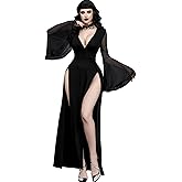 InGoticos Women Gothic V Neck High Slit Witch Sleeve Lace Patchwork Ghost Bridal Goth Dress Without Corset