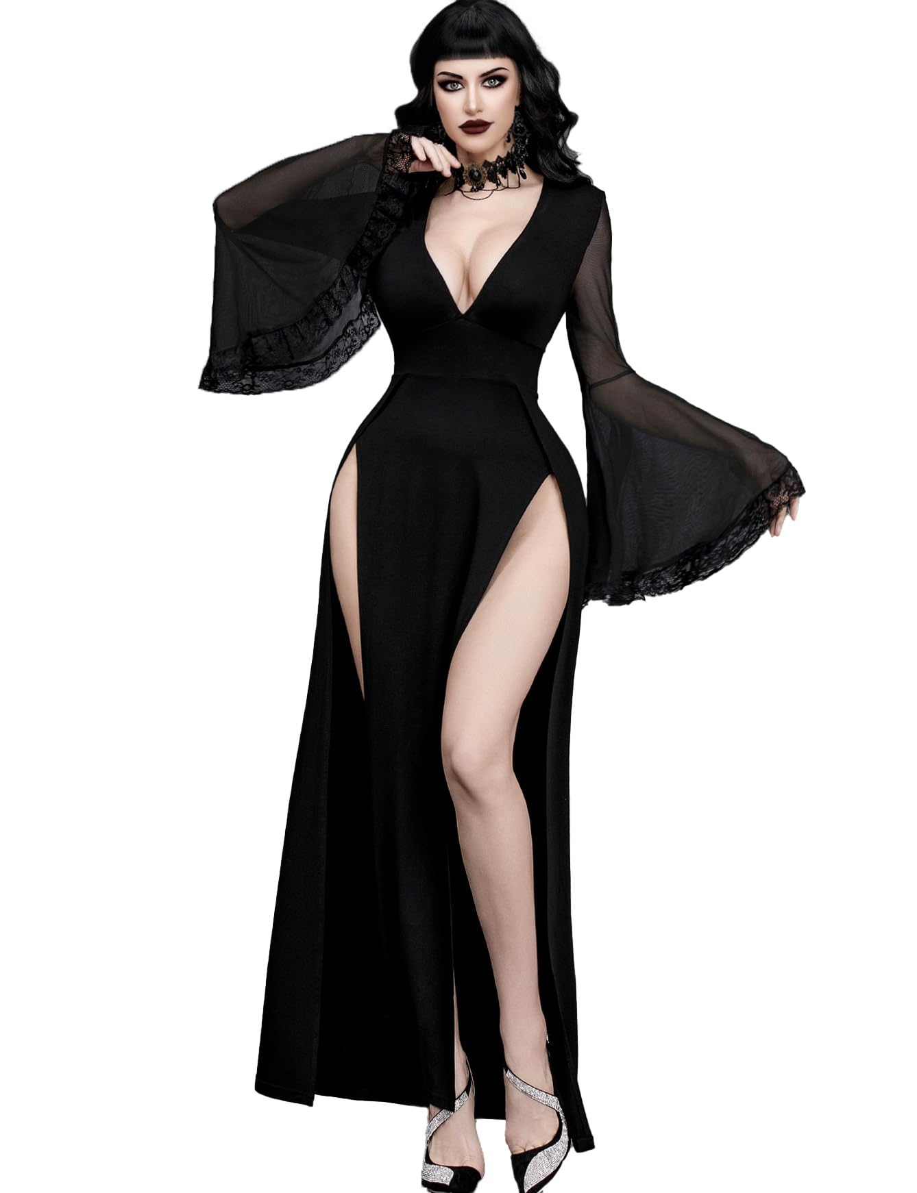 Photo 1 of InGoticos Women Gothic V Neck High Slit Witch Sleeve Lace Patchwork Ghost Bridal Goth Dress Black