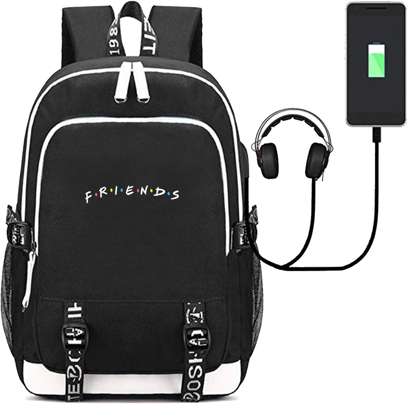 Fashion Friend Backpack TV Show Merchandise USB Charging Daypack Outdoor Travel Shoulders Bag Laptop Sport Backpacks Bookbag (Friend Black)
