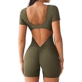 YEOREO Short Sleeve Jumpsuit for Women V Back Scrunch Butt Short Bodysuit Lizvette Open Back Workout Romper One Piece Bodycon