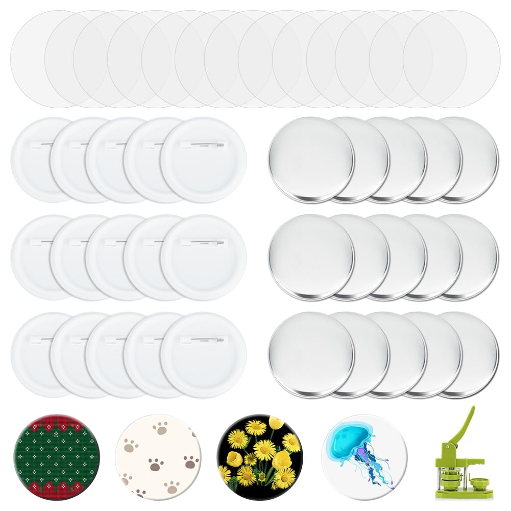 AHANDMAKER 100 Sets Button Maker Supplies, 2.28 Inch/ 58mm Pin Back Button Parts for Button Maker Machine, Round Badge Blank Button Pins, Includes Metal Cover, Plastic Pin Backs, Plastic Clear Film