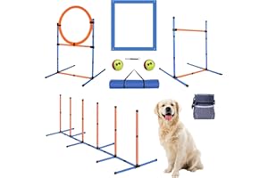 MKSY Dog Agility Equipment Set, Obstacle Courses Training Starter Kit Includes Adjustable High Jump Hurdle, Hoop, Weave Poles, Pause Box, Treat Pouch with Easy Carry Bag