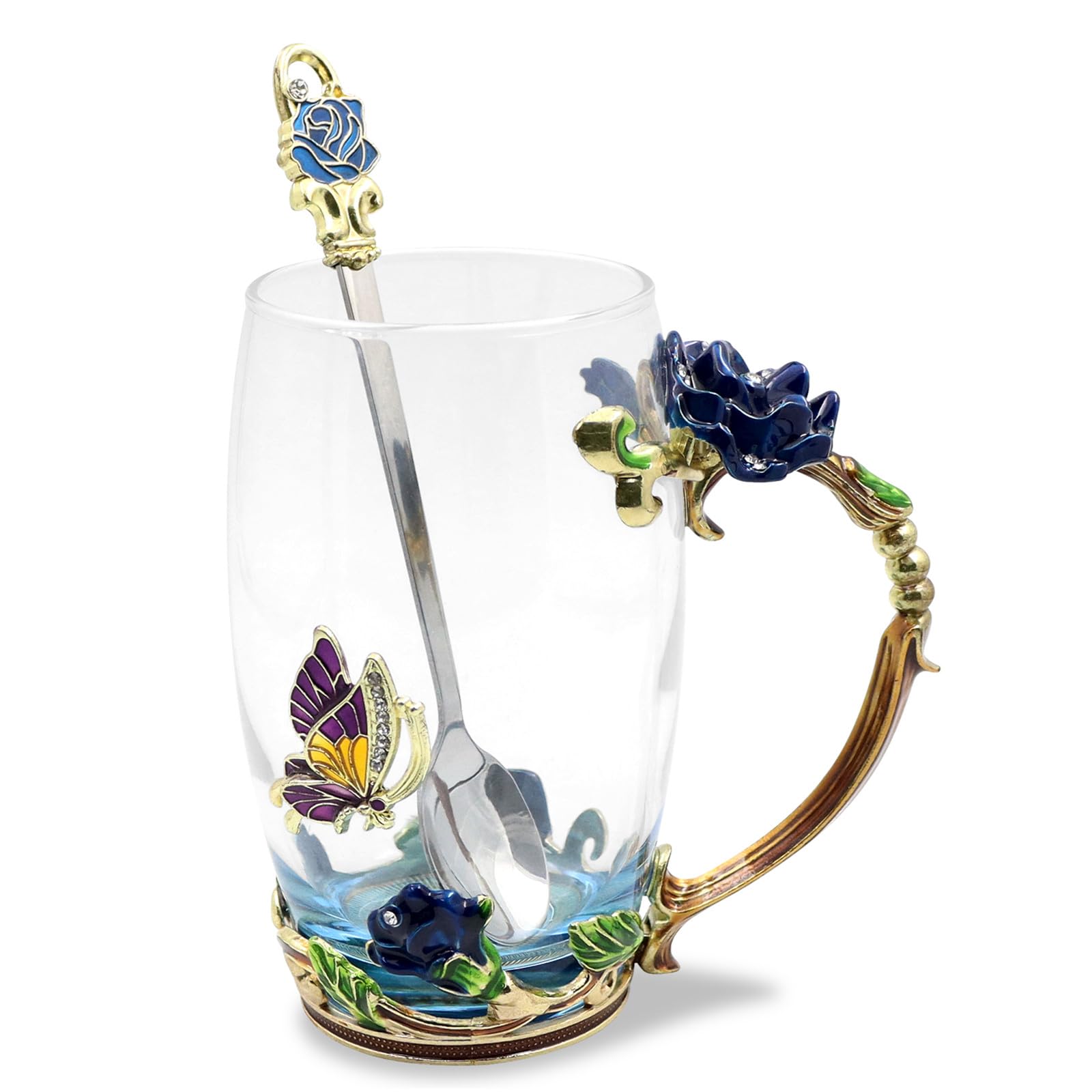 HUISHENG Enamels Butterfly Flower Tea Cup Sets, Glass Coffee Mugs, Valentines Christmas Birthday Graduation Mothers Day Gifts, Women Wife Her Mum Grandma Teacher Friend Present