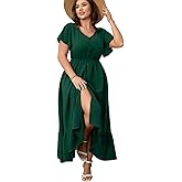 RWJ Women Plus Size Maxi Dress V Neck Short Sleeve Button Trim Split Flowy Tiered Casual Long Dresses 2025 L-3XL