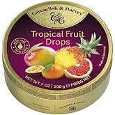 Cavendish &amp; Harvey Tropical Hard Candy Drops, 7 Ounce Tin | German hard candy, real fruit juice, gluten free, non-GMO, gold tin, family made 40+ years