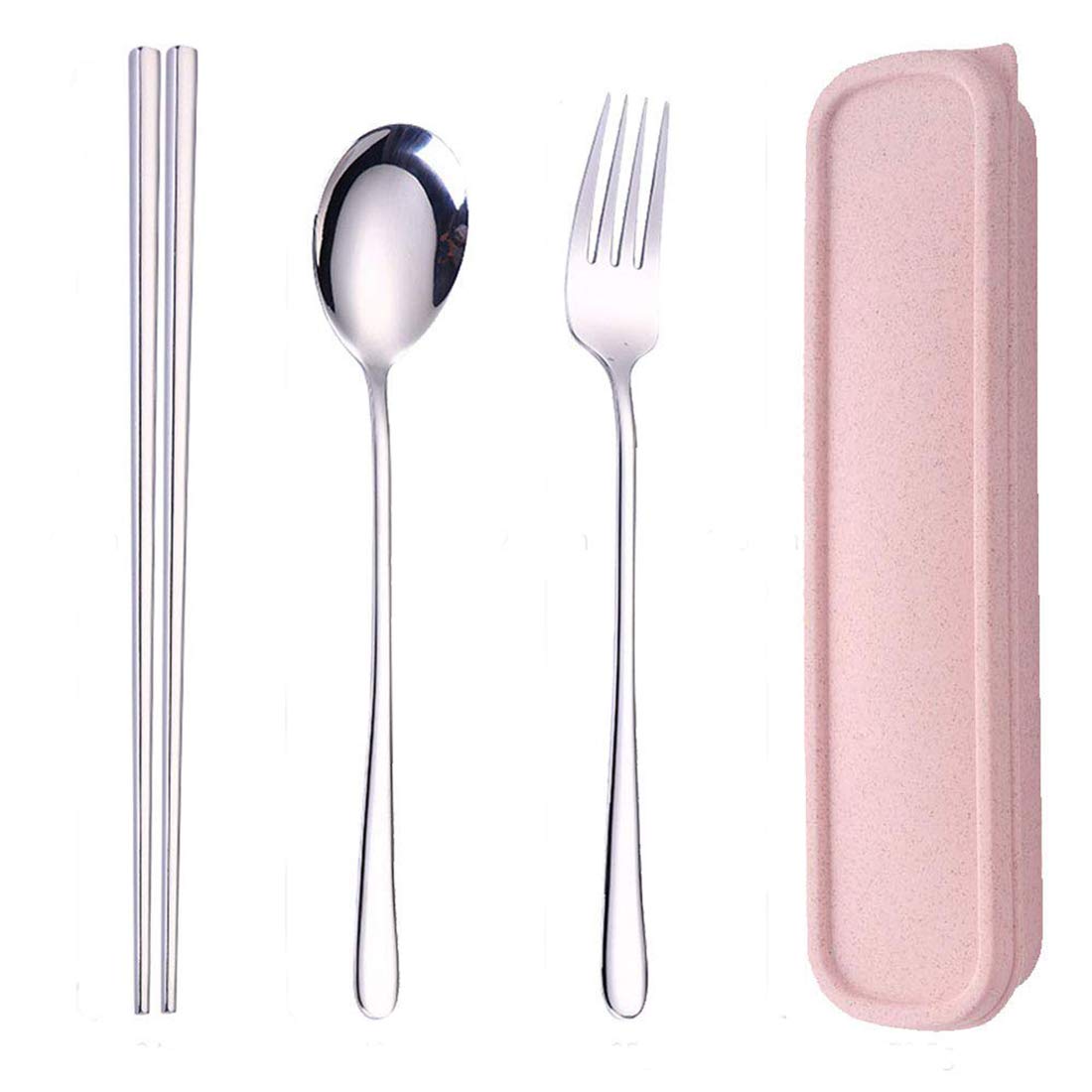 Baomasir Essstäbchen Löffel Gabel Stainless Steel Cutlery Chopsticks Spoon Fork Set with Storage Box for Outdoor Camping, Travelling, Picnic, BBQ, School, Backpack (Silver)