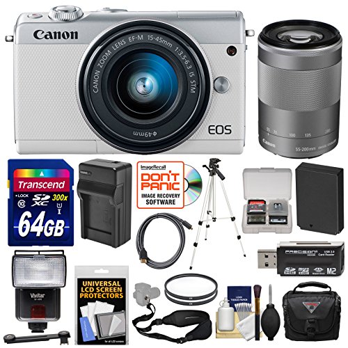 Canon-EOS-M100-Wi-Fi-Digital-ILC-Camera-EF-M-15-45mm-55-200mm-IS-STM-Lens-White-with-64GB-Card-Battery-Charger-Case-Filters-Strap-Tripod-Flash-Kit