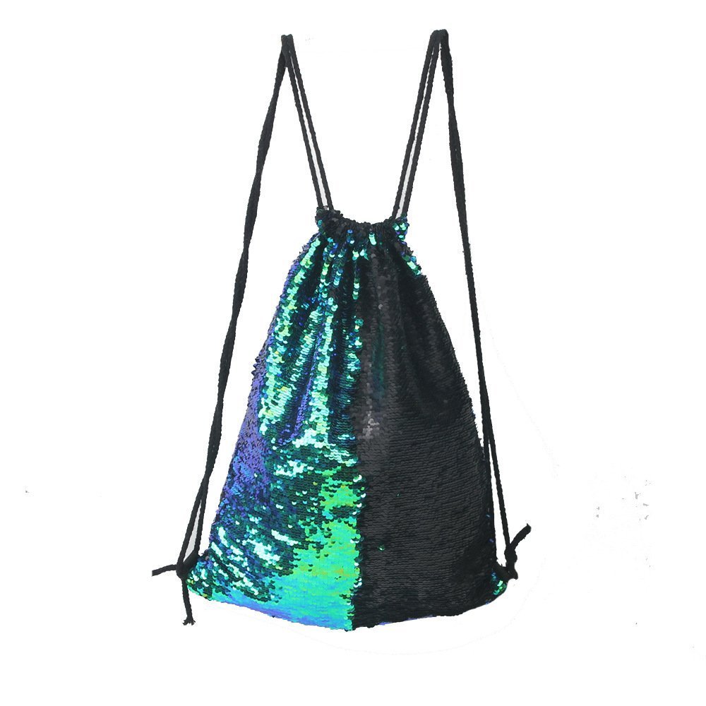 Tskybag Mermaid Sequin Bag Drawstring Sequins Backpack Glitter Mermaid Backpacks Magic Dance Bags for Women Girls Teens (Fancy Green/Black)