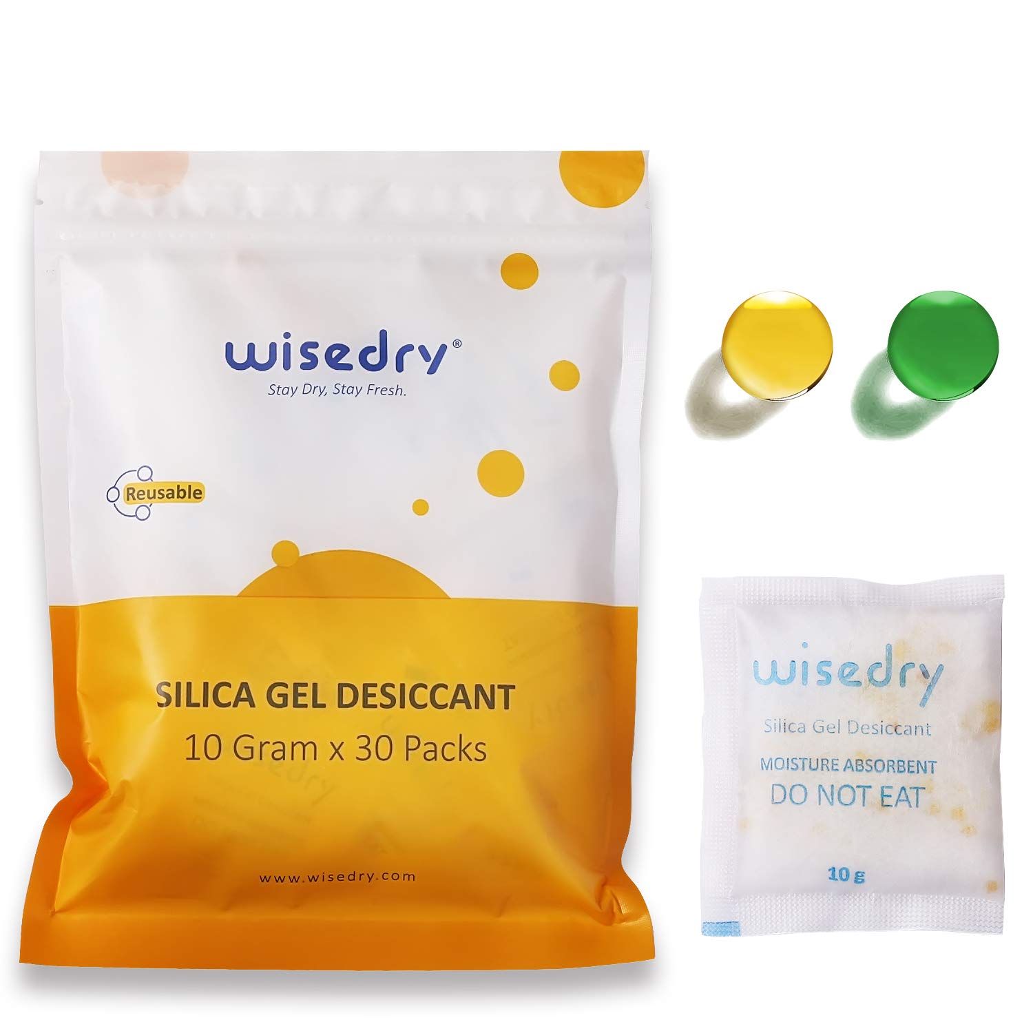 wisedry Silica Gel Sachets Bags 10 Gram x 30 Packs with Orange Beads Humidity Indicator Desiccant Packs Moisture Absorber for Air Dryer Moisture Removal Food Grade