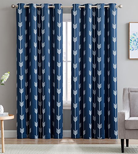 HLC.ME Arrow Printed Blackout Room Darkening Thermal Grommet Window Curtain Drape Panels for Bedroom - Set of 2 - Navy Blue - 96