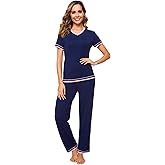 WiWi Womens Viscose from Bamboo Pajamas Set Short Sleeve Top with Pants Pjs Soft V Neck Sleepwear Lightweight Loungewear S-3X
