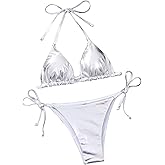 Falainetee Women's Metallic Shiny Bathing Suit High Waisted Triangle Tie Side Swimsuit Bikini Set