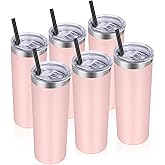 VEGOND Stainless Steel Tumblers Bulk 6 Pack, 20 oz Vacuum Insulated Skinny Tumblers with Lid and Straw, Double Wall Coffee Mug, Travel Water Cup, Light Pink