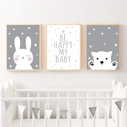 Set De 3 Poster Bebe Garcon Gris Affiches Ours Lapin Ciation Pour Chambre Enfant Tableau Peinture Sur Toile Decoration Cadeaux Nptwc010 L Amazon Fr Cuisine Maison