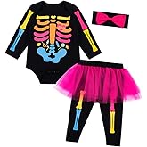 LENSOUS Baby Girls Newborn Skeleton Halloween Costume Outfit Funny Long Sleeve Skull Tulle Skirt Romper Set