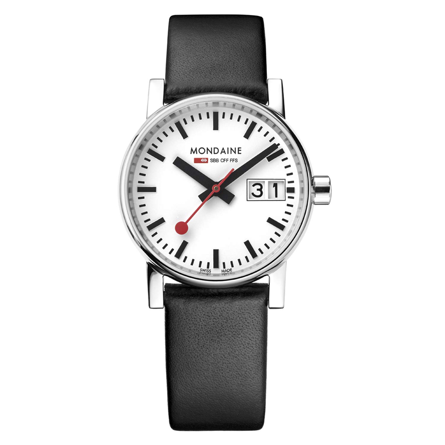 Mondaine - Evo2 MSE.30210.LB Womens Watch 30mm - Official Swiss Railways Wrist Watch Date Function Black Leather Strap - 30m Water Resistant - Sapphire Crystal - Watches for Men and Women