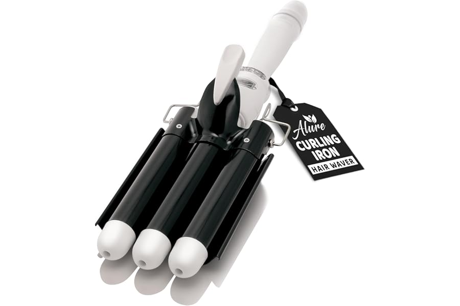 Alure Three Barrel Curling Iron Wand Hair Waver with LCD Temperature Display – 1 Inch Ceramic Tourmaline Triple Barrels, Dual Voltage Crimp (Black/White)