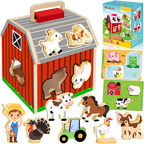 Wooden Farm Animals Toy for Kids, TakeAlong Sorting & Stacking Barn