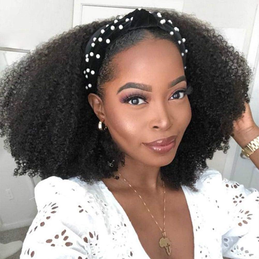 LOVFIR Headband Wigs for Black Women 18 inch Afro Kinky Curly Wig Glueless None Lace Front Machine Made Human Hair Wigs Soft and Thick 180% Density Natural Black Color