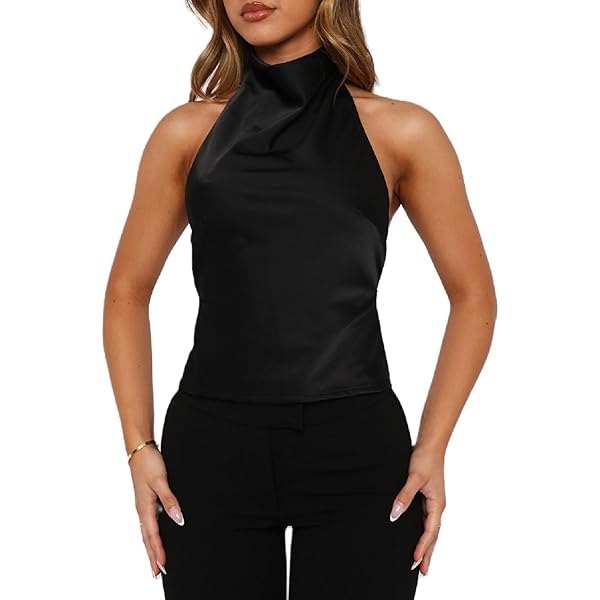 MakeMeChic Women's Summer Satin Silk Backless Halter Tank Tops