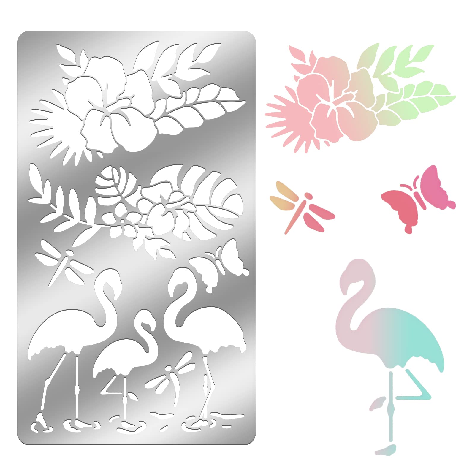 ORIGACH 4x7 inch Metal Flamingo Stencil Butterfly Dragonfly Plant Pyrography Stencils Template for Wood Carving, Drawings and Woodburning, Engraving and Scrapbooking Project