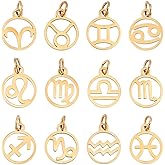 UNICRAFTALE 12Pcs Real 18K Gold Plated 12 Constellations Charm 304 Stainless Steel Zodiac Sign Pendants Charms Flat Round with Constellation Pendant for DIY Jewelry Craft Making