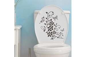 CALSGKSPRAY Black Flowers Butterfly Bathroom Toilet Seat Lid Cover Decals Stickers PVC Sticker Removable Self-Adhesive Restroom Decor Art Decoration Toilet Lid Decals Toilet Accessories