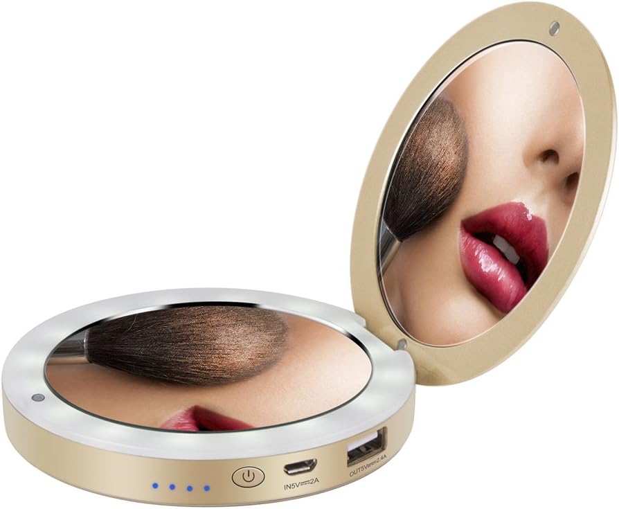 shinngo LED Lighted Travel Makeup Mirror Foldable Charger, Dual Vanity Mirror Compact Power Bank Illuminated Cosmetic Mirror, 1x/3x Magnifying Handheld Pocket Mirrors 3000mAh 2.1A Portable Charger