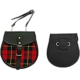 SZCO Medieval Sporran 8 Inch - Red Plaid Leather Pouch with Tassels - Scottish Kilt Sporran with Chain Belt for Men - Medieval Bag for Costume & Renaissance Accessories