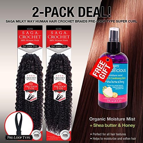 MULTI-PACK DEALS! Saga Human Hair Crochet Braids Pre Loop Type Super Curl (16", 2 PACKS - COLOR 1B)