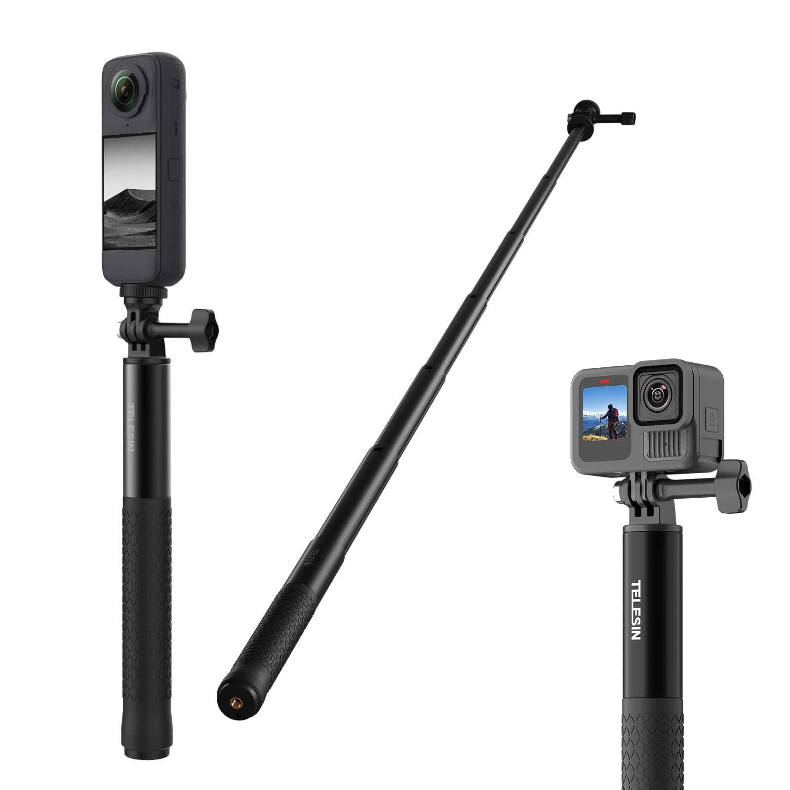 TELESIN 60" Selfie Stick for GoPro, Portable Extended Vlog Invisible Pole for GoPro Hero 13 12 11 DJI Action 6 5 4 DJI Osmo Nano/360 Insta360 X5 X4 Handheld Monopod for Travel, Action Camera Accessory