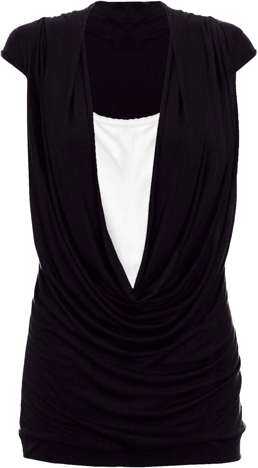 Miss SixtyWomen Gathered Cowl Neck Top Vest Ladies Sleeveless Deep Neck Top Blouse 8-26 (24-26, Black)